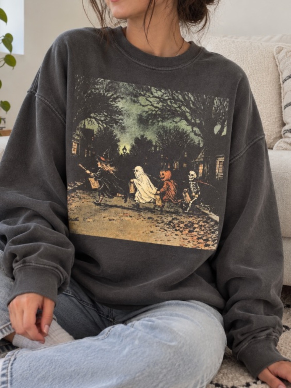 Dark Halloween Sweatshirt Gothic Skeleton & Spooky Witch Graphic, Ghost Pumpkin